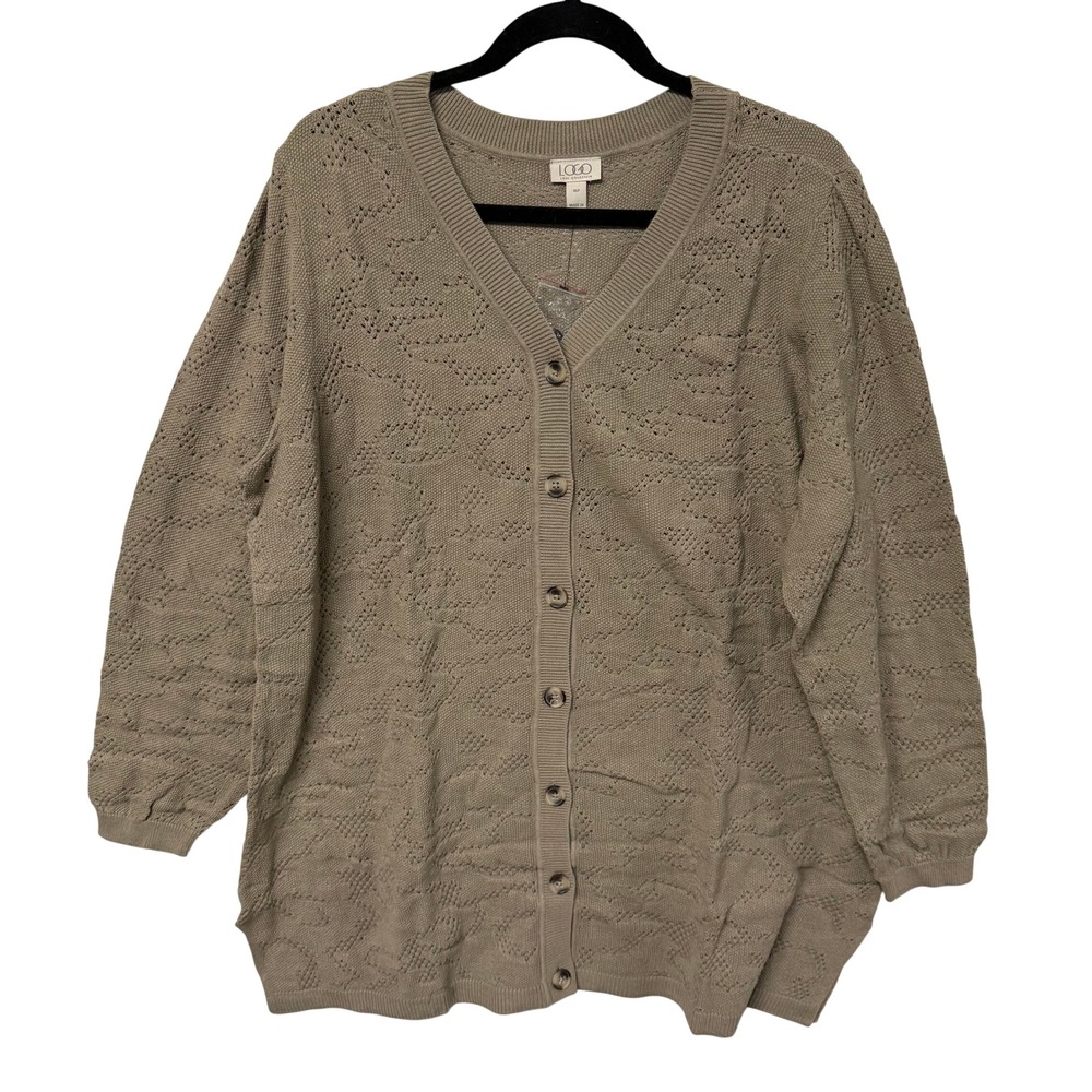 LOGO Lori Goldstein Cardigan Sweater Petite XL Taupe Cotton Pointelle Knit NWT